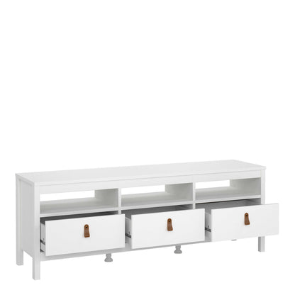 Wildberry Matt White Wooden TV Unit 3 Drawers Leather Handles