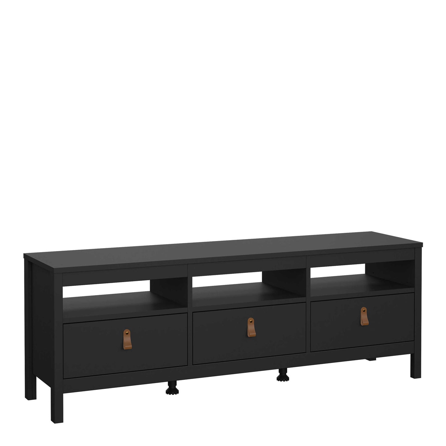 Wildberry Matt Black Wooden TV Unit 3 Drawers Leather Handles
