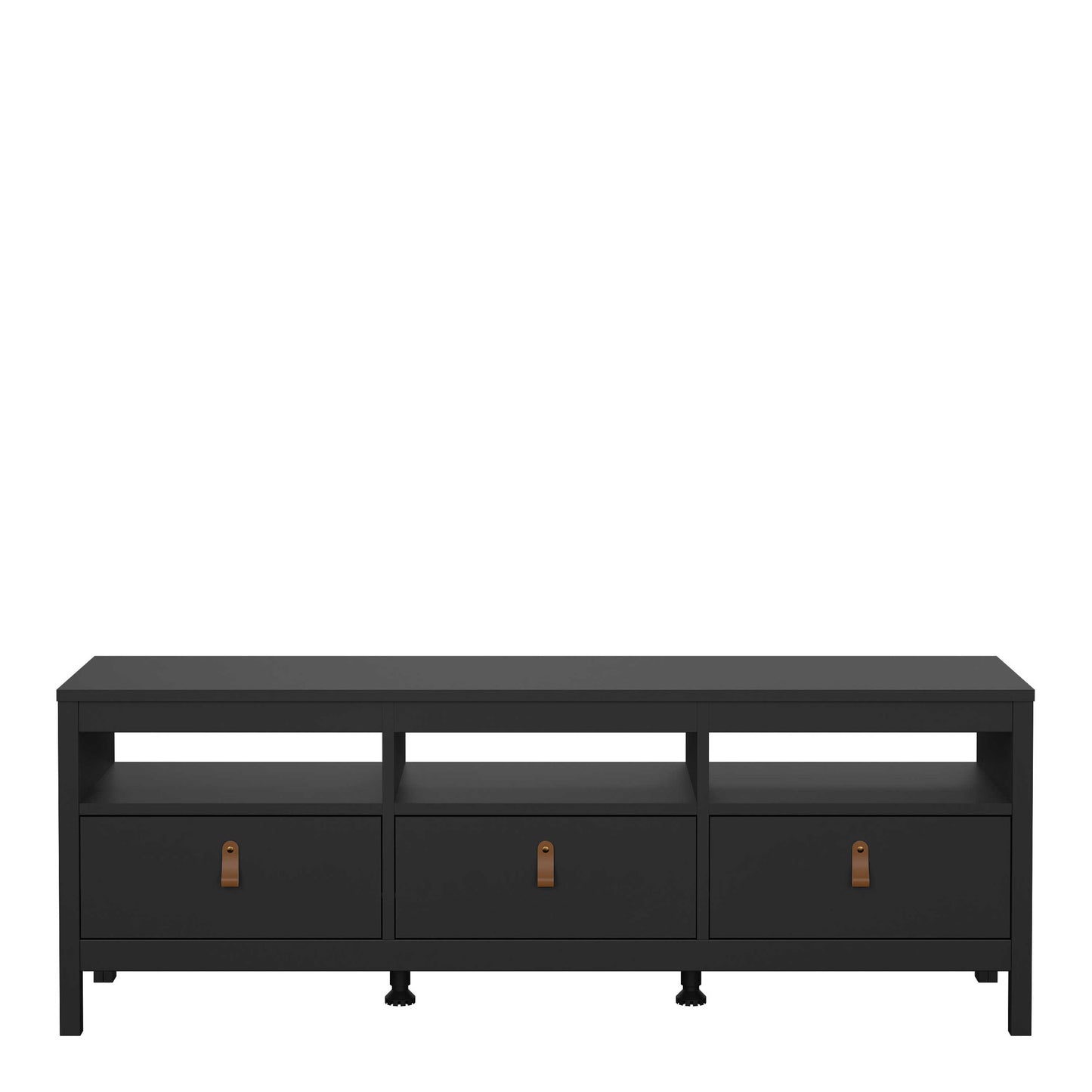 Wildberry Matt Black Wooden TV Unit 3 Drawers Leather Handles