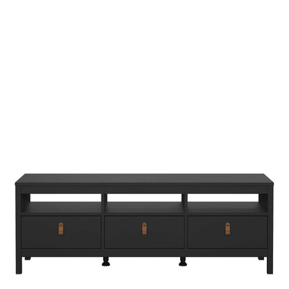 Wildberry Matt Black Wooden TV Unit 3 Drawers Leather Handles