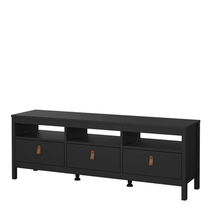Wildberry Matt Black Wooden TV Unit 3 Drawers Leather Handles