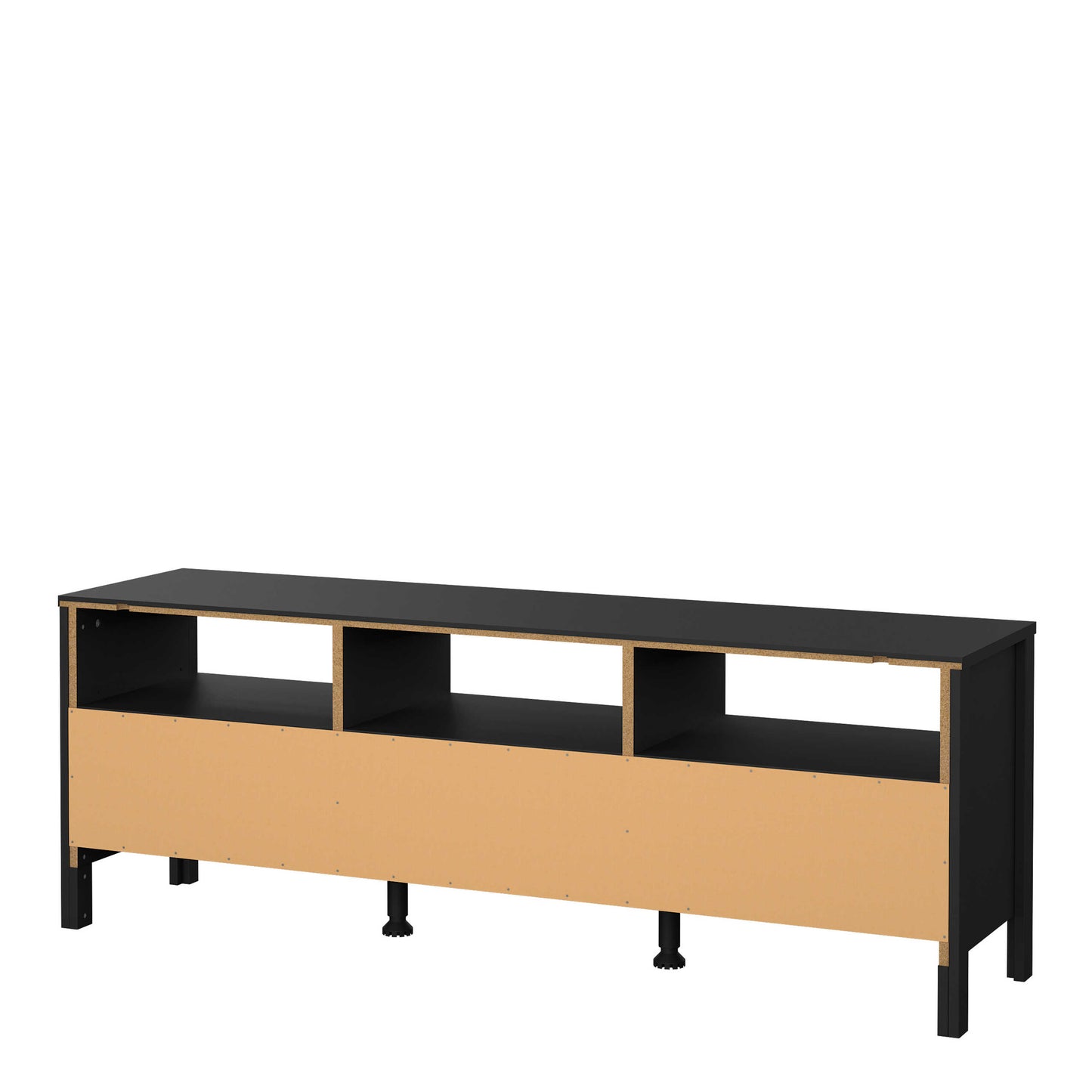 Wildberry Matt Black Wooden TV Unit 3 Drawers Leather Handles