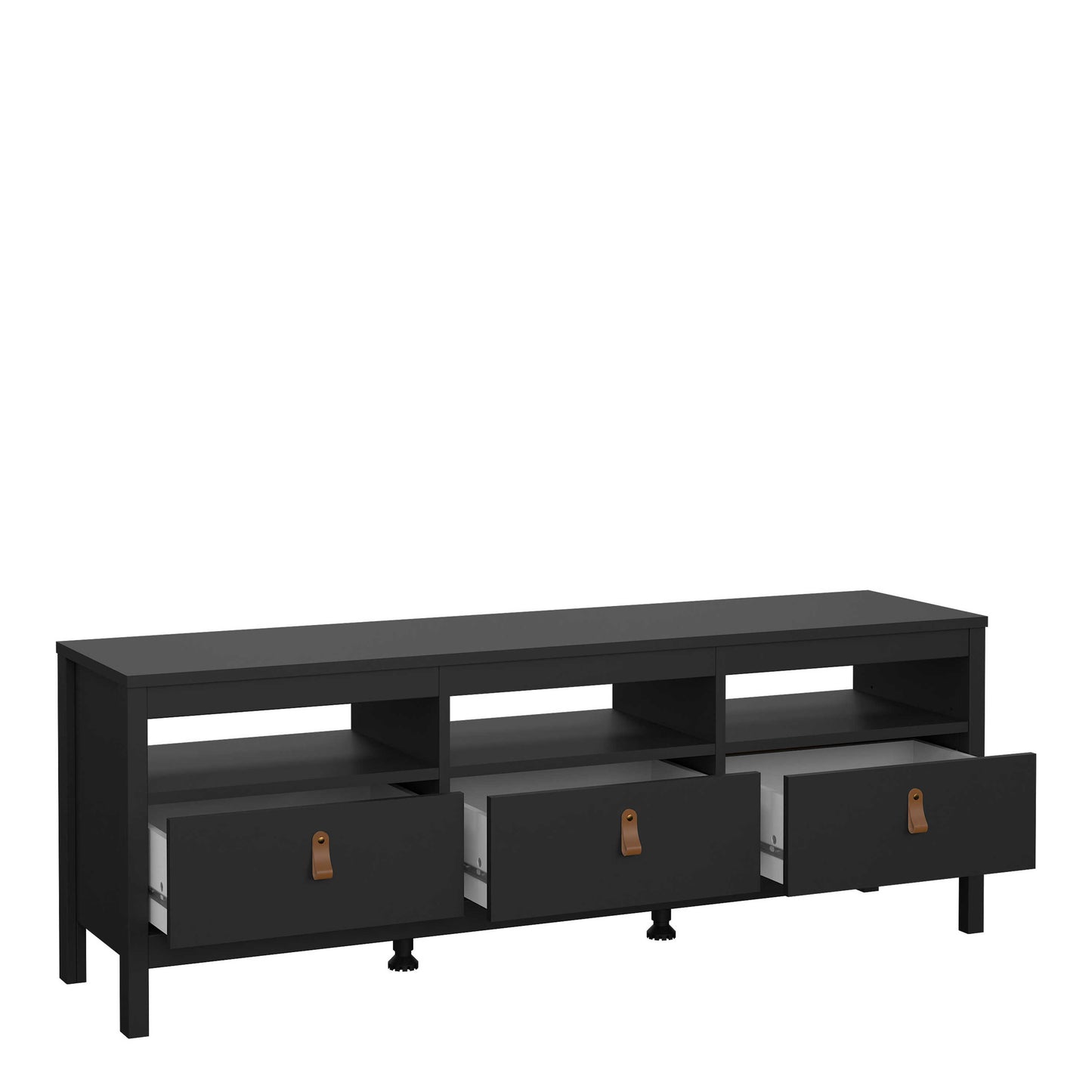 Wildberry Matt Black Wooden TV Unit 3 Drawers Leather Handles
