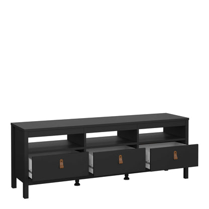 Wildberry Matt Black Wooden TV Unit 3 Drawers Leather Handles