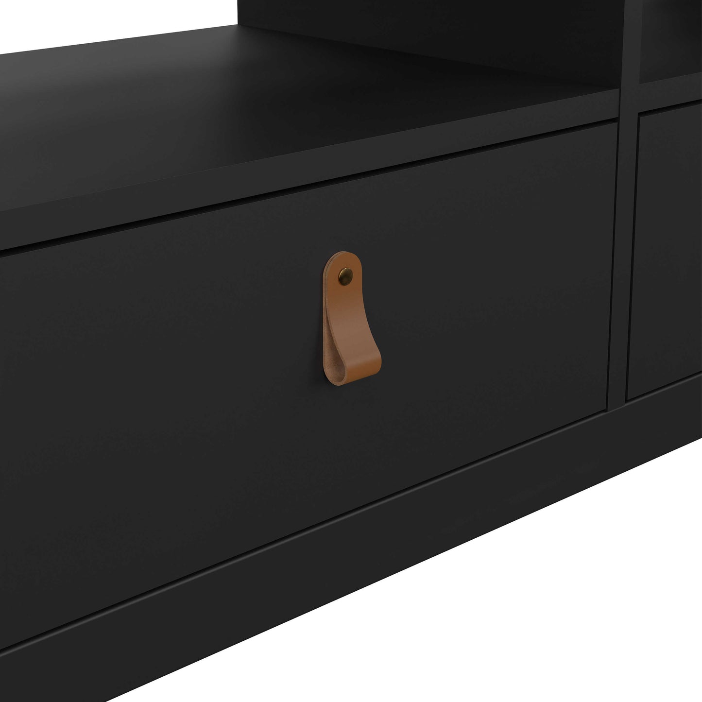 Wildberry Matt Black Wooden TV Unit 3 Drawers Leather Handles