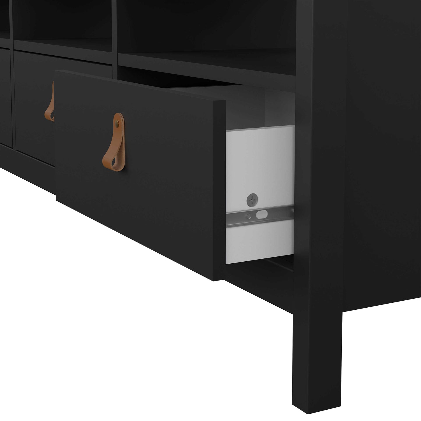 Wildberry Matt Black Wooden TV Unit 3 Drawers Leather Handles