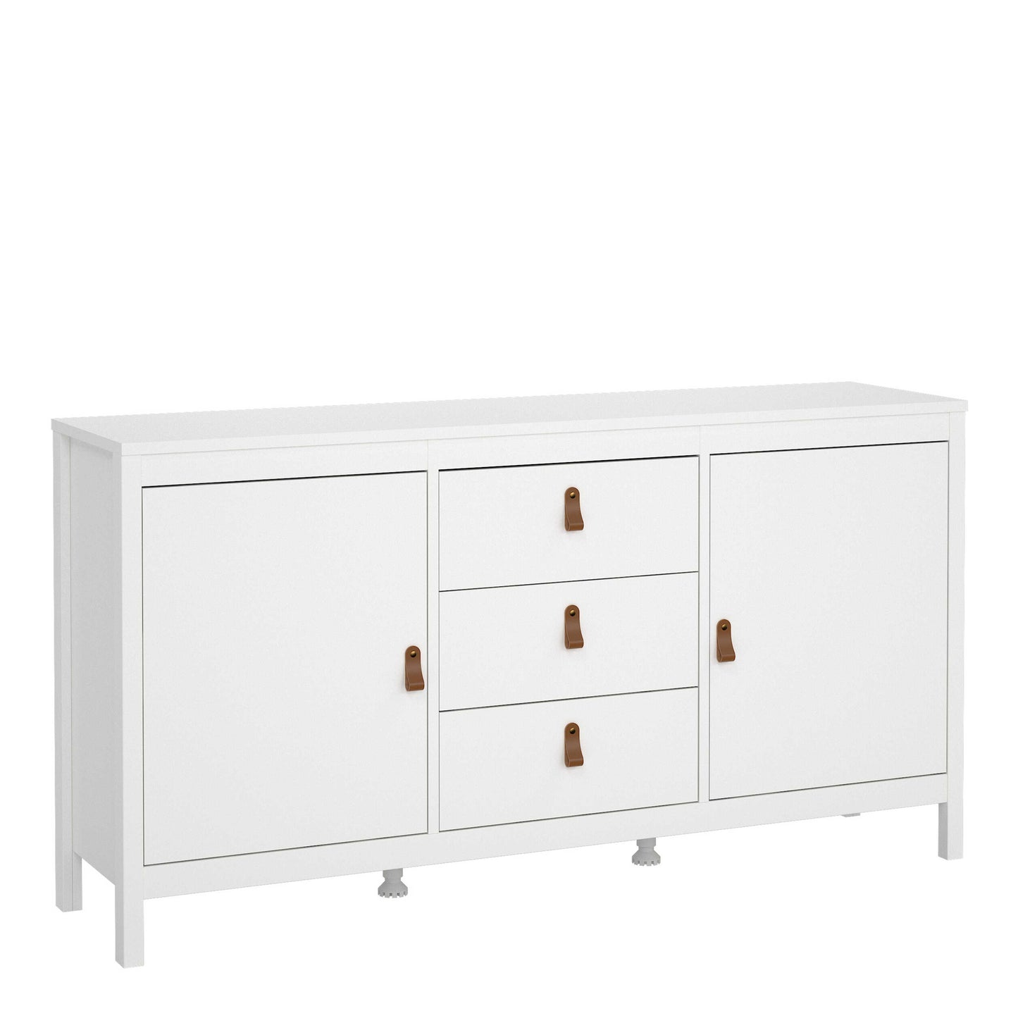 Wildberry Matt White Wooden Sideboard 2 Doors 3 Drawers Leather Handles