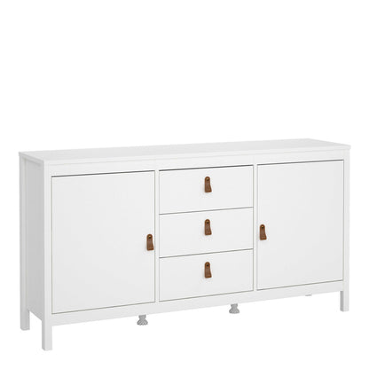 Wildberry Matt White Wooden Sideboard 2 Doors 3 Drawers Leather Handles