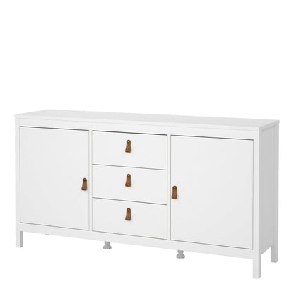 Wildberry Matt White Wooden Sideboard 2 Doors 3 Drawers Leather Handles