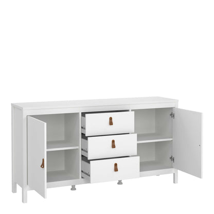 Wildberry Matt White Wooden Sideboard 2 Doors 3 Drawers Leather Handles
