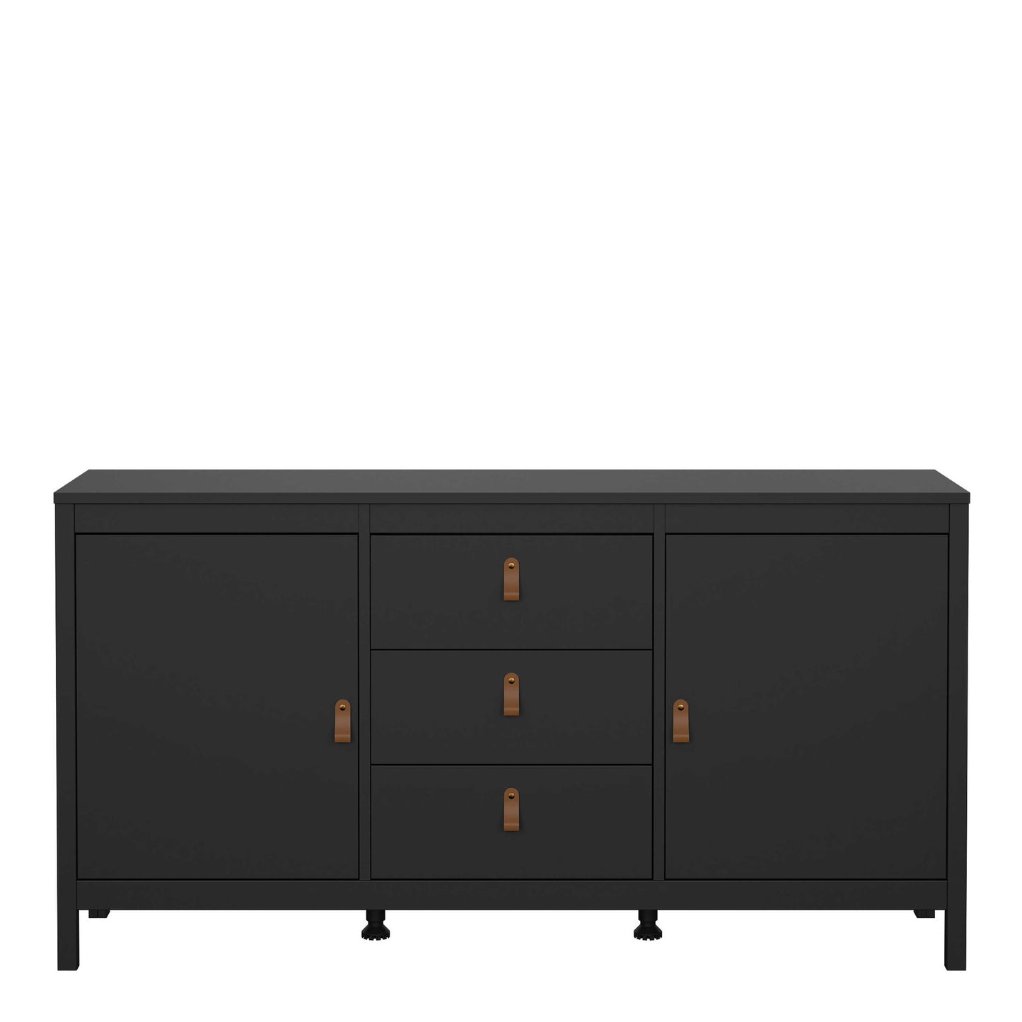 Wildberry Matt Black Wooden Sideboard 2 Doors 3 Drawers Leather Handles