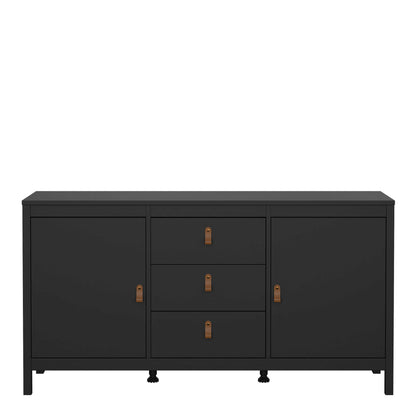 Wildberry Matt Black Wooden Sideboard 2 Doors 3 Drawers Leather Handles