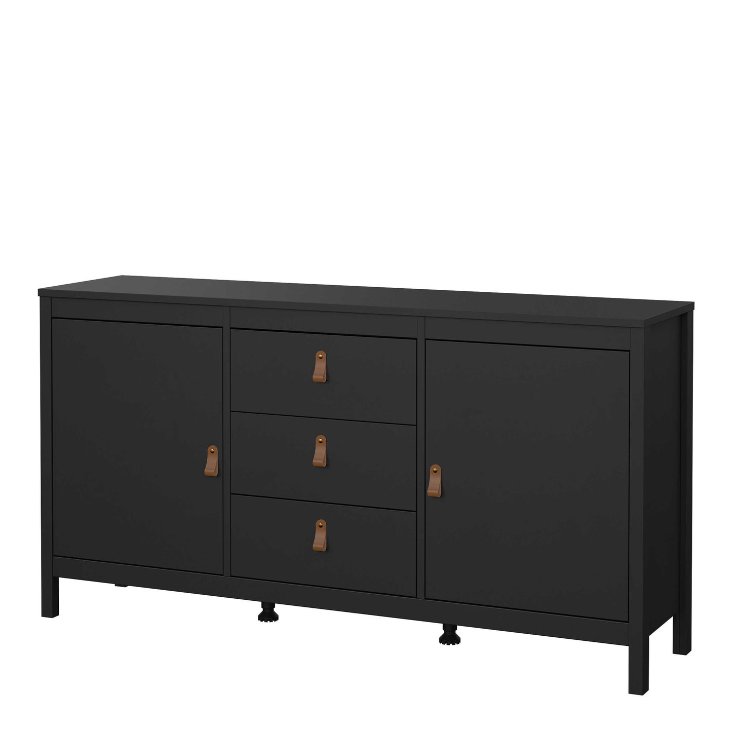 Wildberry Matt Black Wooden Sideboard 2 Doors 3 Drawers Leather Handles