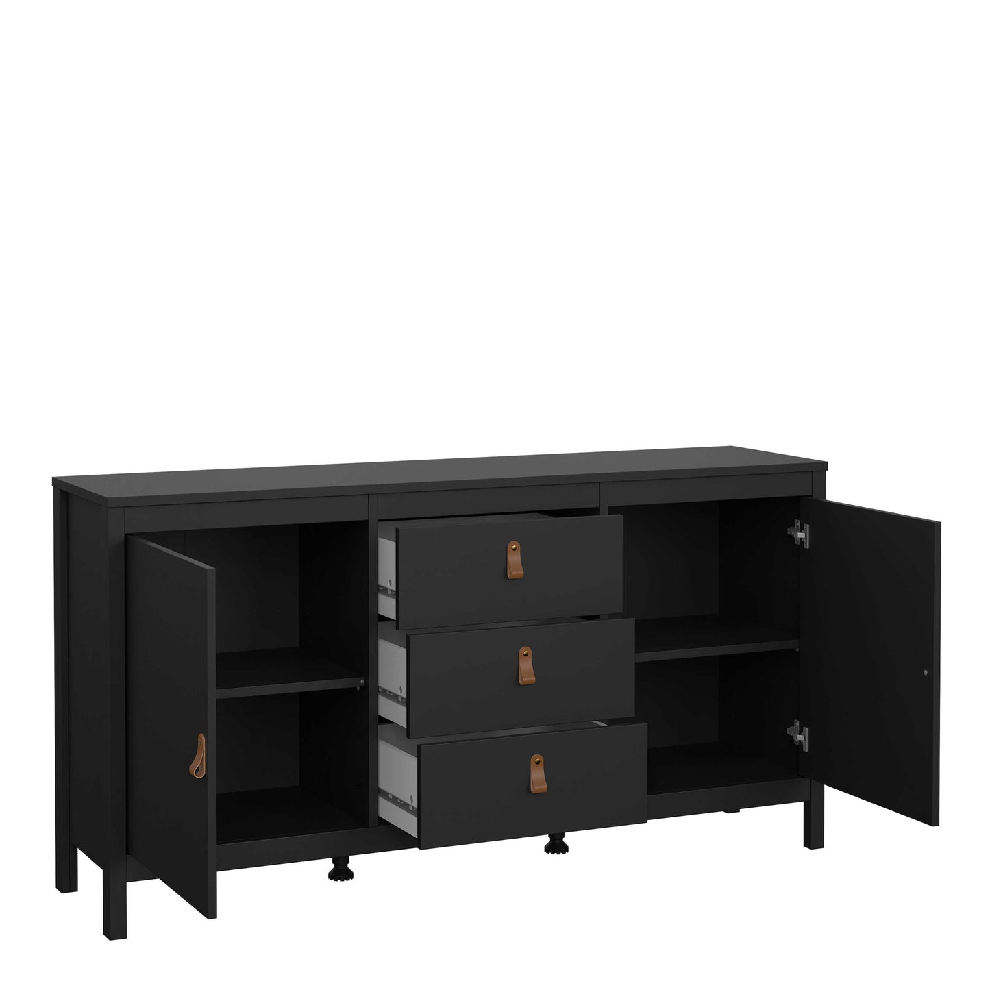 Wildberry Matt Black Wooden Sideboard 2 Doors 3 Drawers Leather Handles