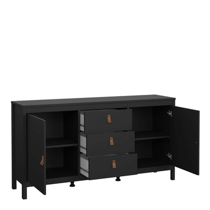 Wildberry Matt Black Wooden Sideboard 2 Doors 3 Drawers Leather Handles