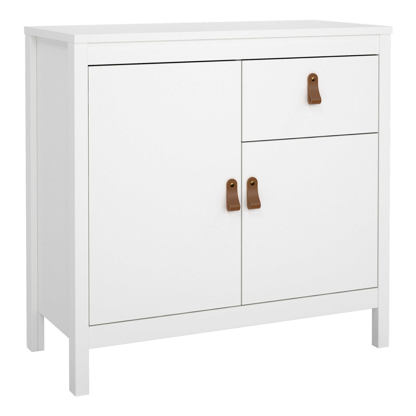 Wildberry Matt White Wooden Sideboard 2 Doors 1 Drawer Leather Handles