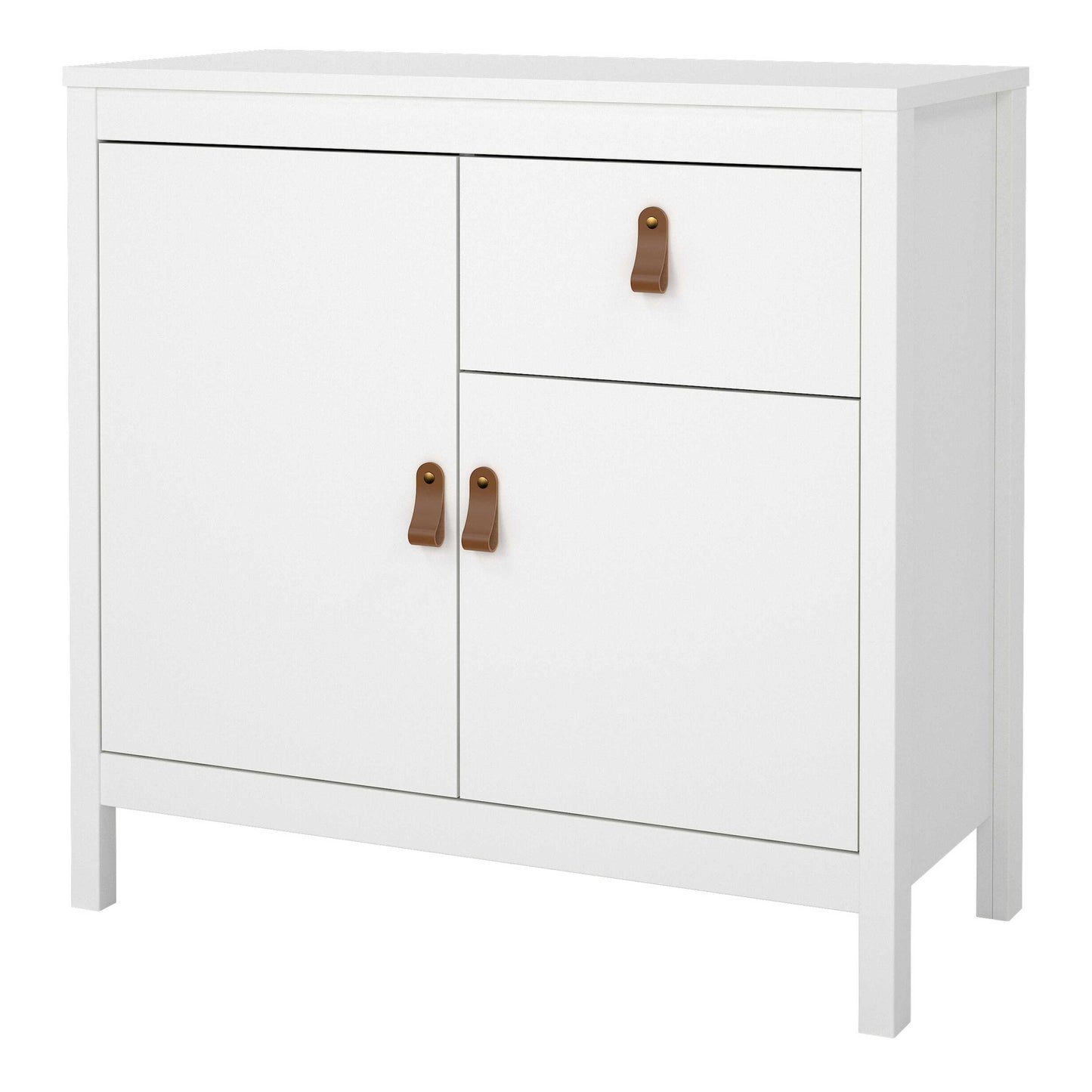 Wildberry Matt White Wooden Sideboard 2 Doors 1 Drawer Leather Handles