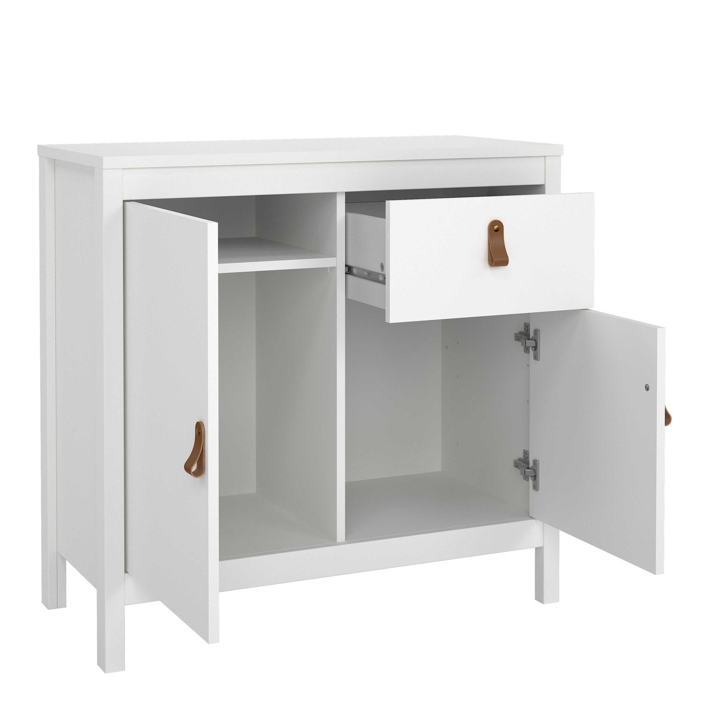 Wildberry Matt White Wooden Sideboard 2 Doors 1 Drawer Leather Handles