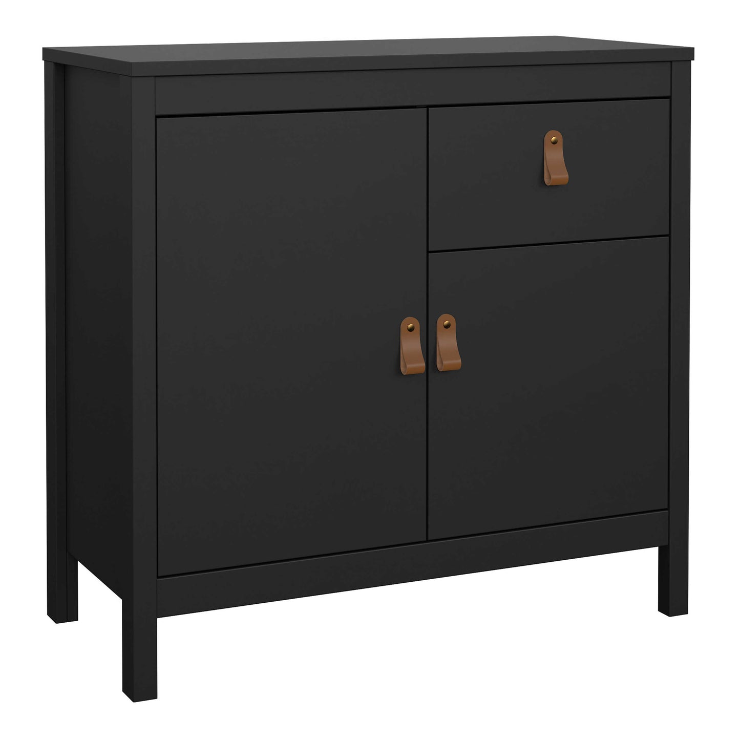Wildberry Matt Black Wooden Sideboard 2 Doors 1 Drawer Leather Handles