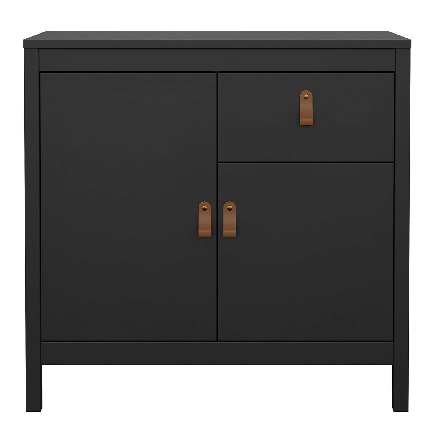 Wildberry Matt Black Wooden Sideboard 2 Doors 1 Drawer Leather Handles