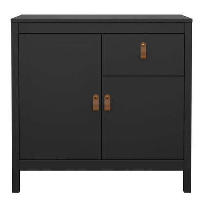 Wildberry Matt Black Wooden Sideboard 2 Doors 1 Drawer Leather Handles