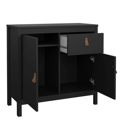 Wildberry Matt Black Wooden Sideboard 2 Doors 1 Drawer Leather Handles