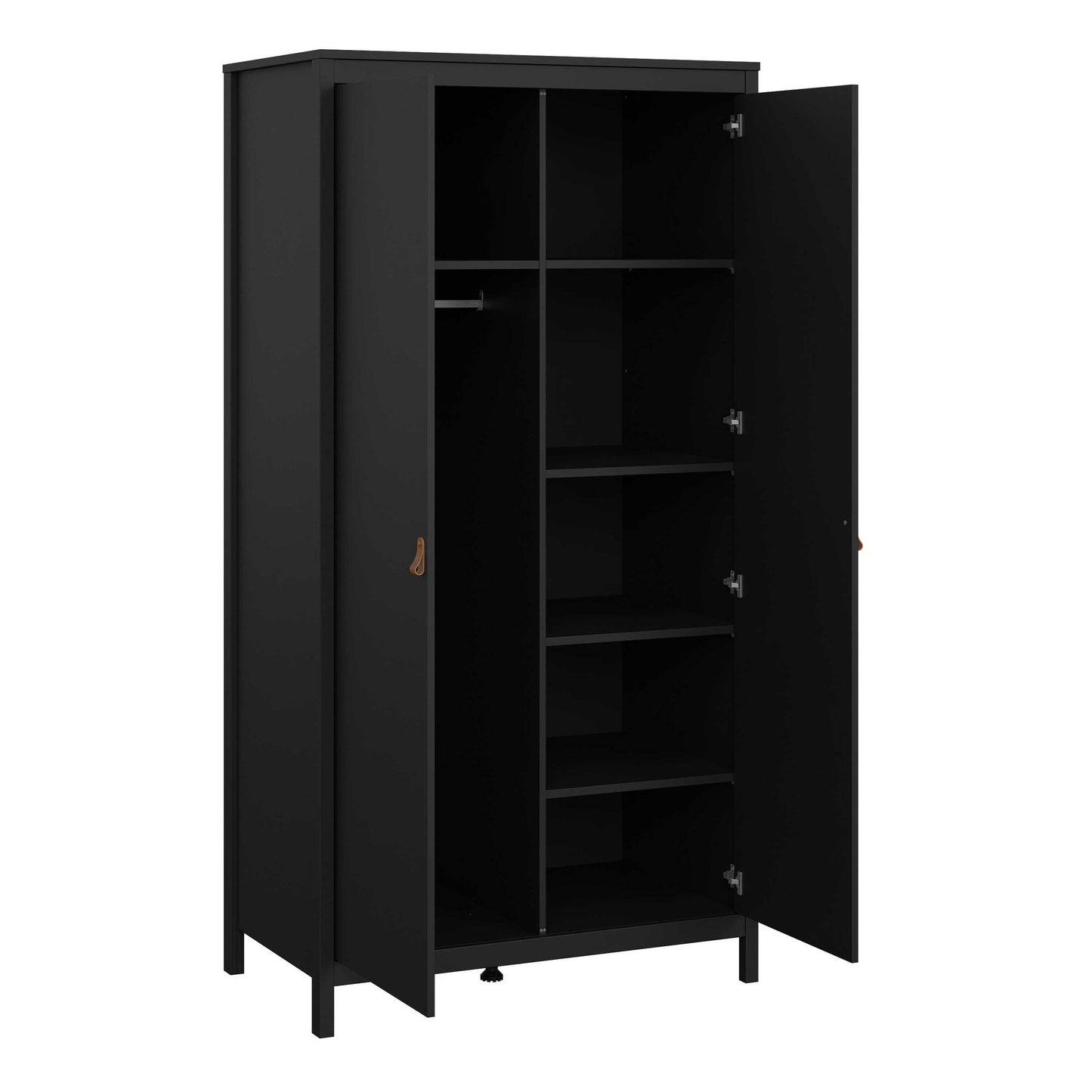 Wildberry Black Matt Wooden Wardrobe 2 Doors Leather Handles