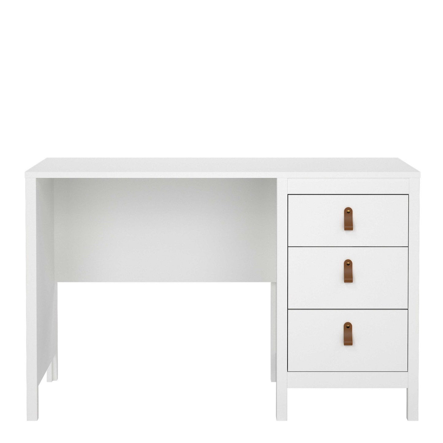 Wildberry Matt White Wooden Desk 3 Drawers Leather Handles