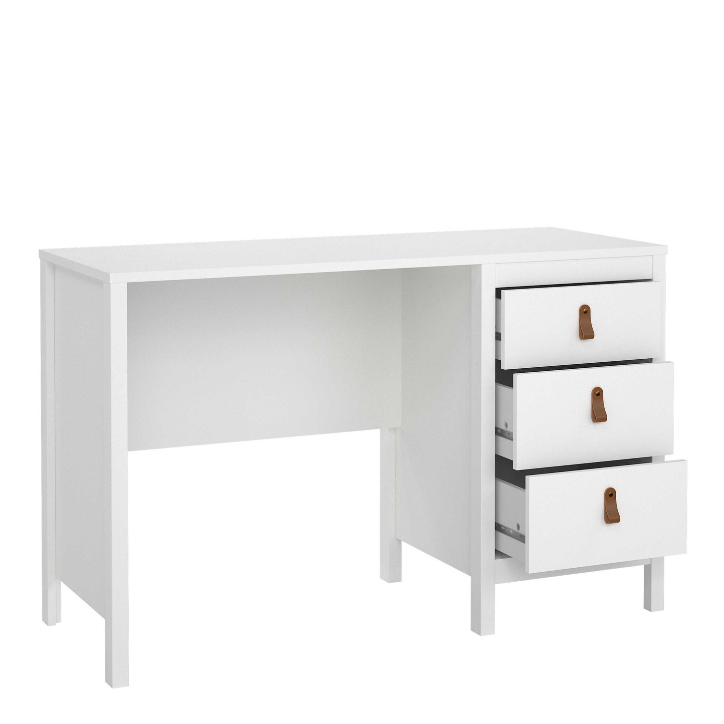Wildberry Matt White Wooden Desk 3 Drawers Leather Handles