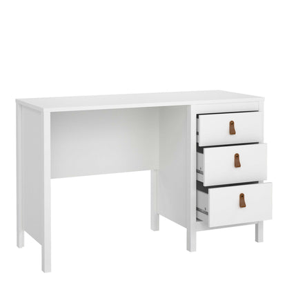 Wildberry Matt White Wooden Desk 3 Drawers Leather Handles