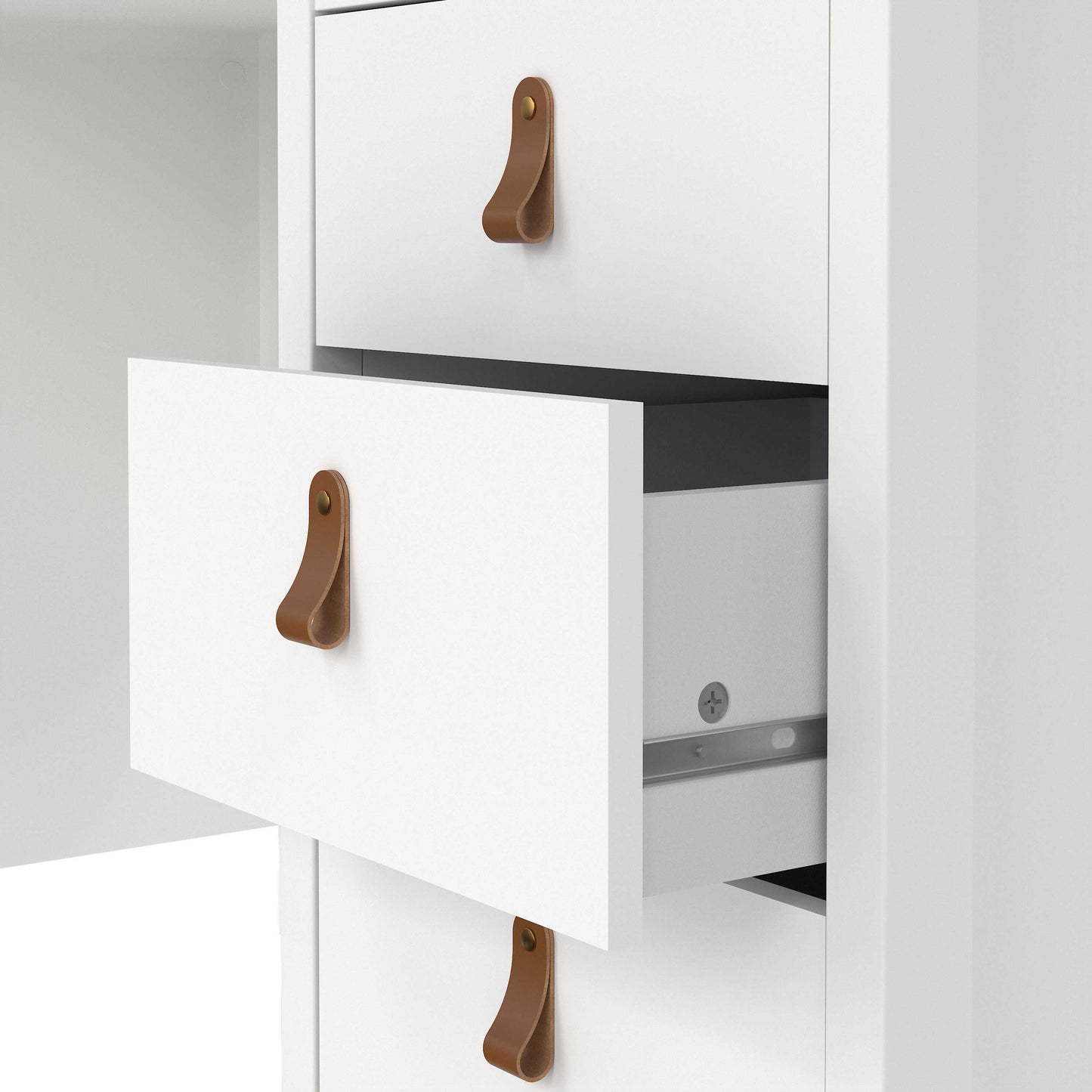 Wildberry Matt White Wooden Desk 3 Drawers Leather Handles