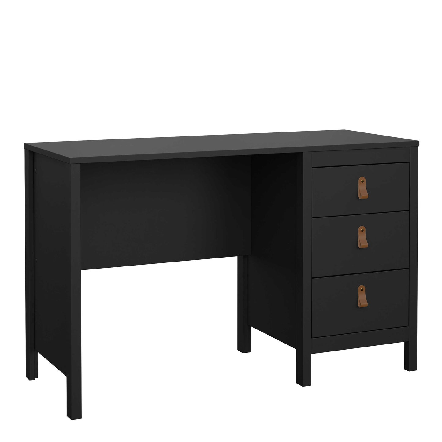 Wildberry Matt Black Wooden Desk 3 Drawers Leather Handles