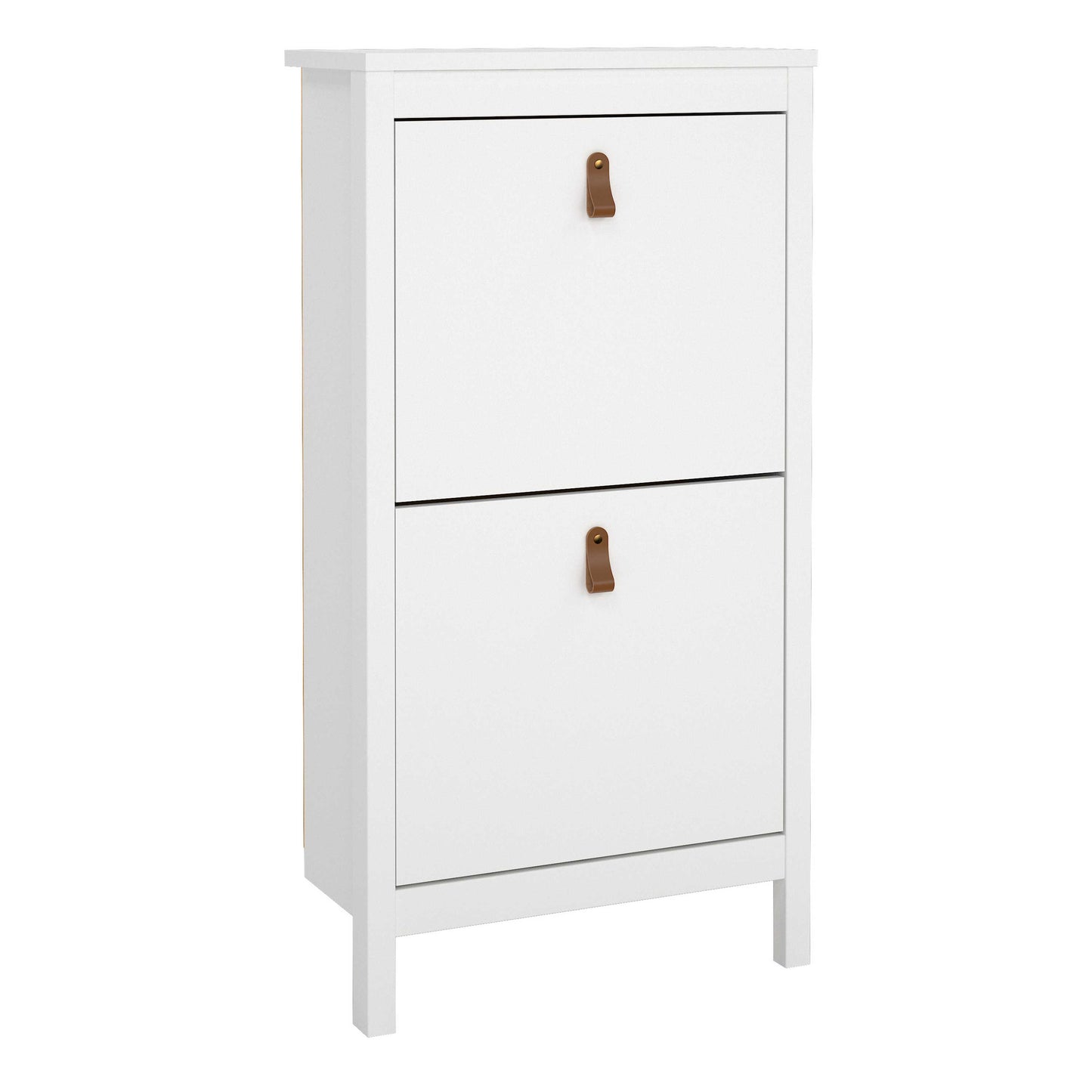 Wildberry Matt White Wooden Shoe Cabinet 2 Flip Down Doors Leather Handles