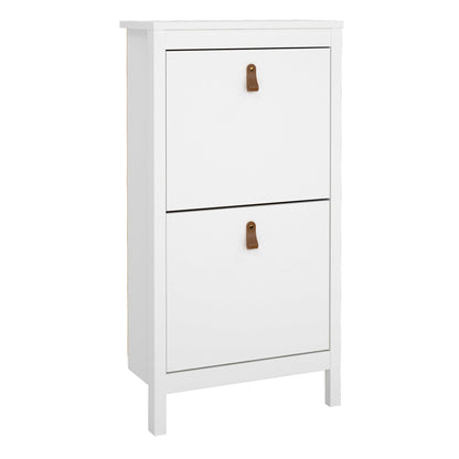 Wildberry Matt White Wooden Shoe Cabinet 2 Flip Down Doors Leather Handles