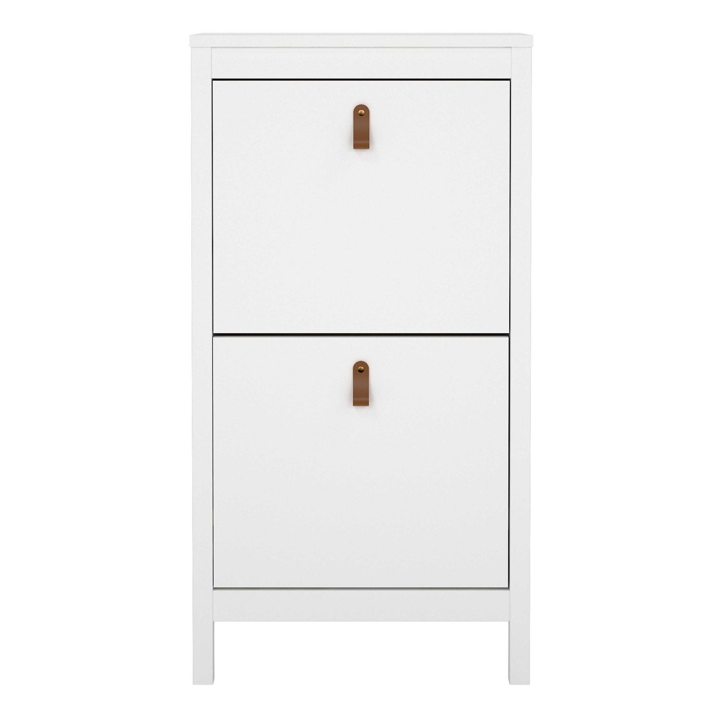 Wildberry Matt White Wooden Shoe Cabinet 2 Flip Down Doors Leather Handles