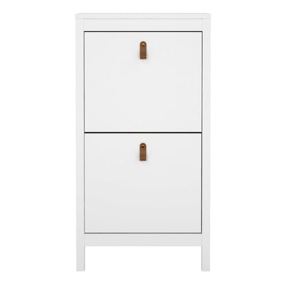 Wildberry Matt White Wooden Shoe Cabinet 2 Flip Down Doors Leather Handles