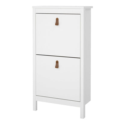 Wildberry Matt White Wooden Shoe Cabinet 2 Flip Down Doors Leather Handles