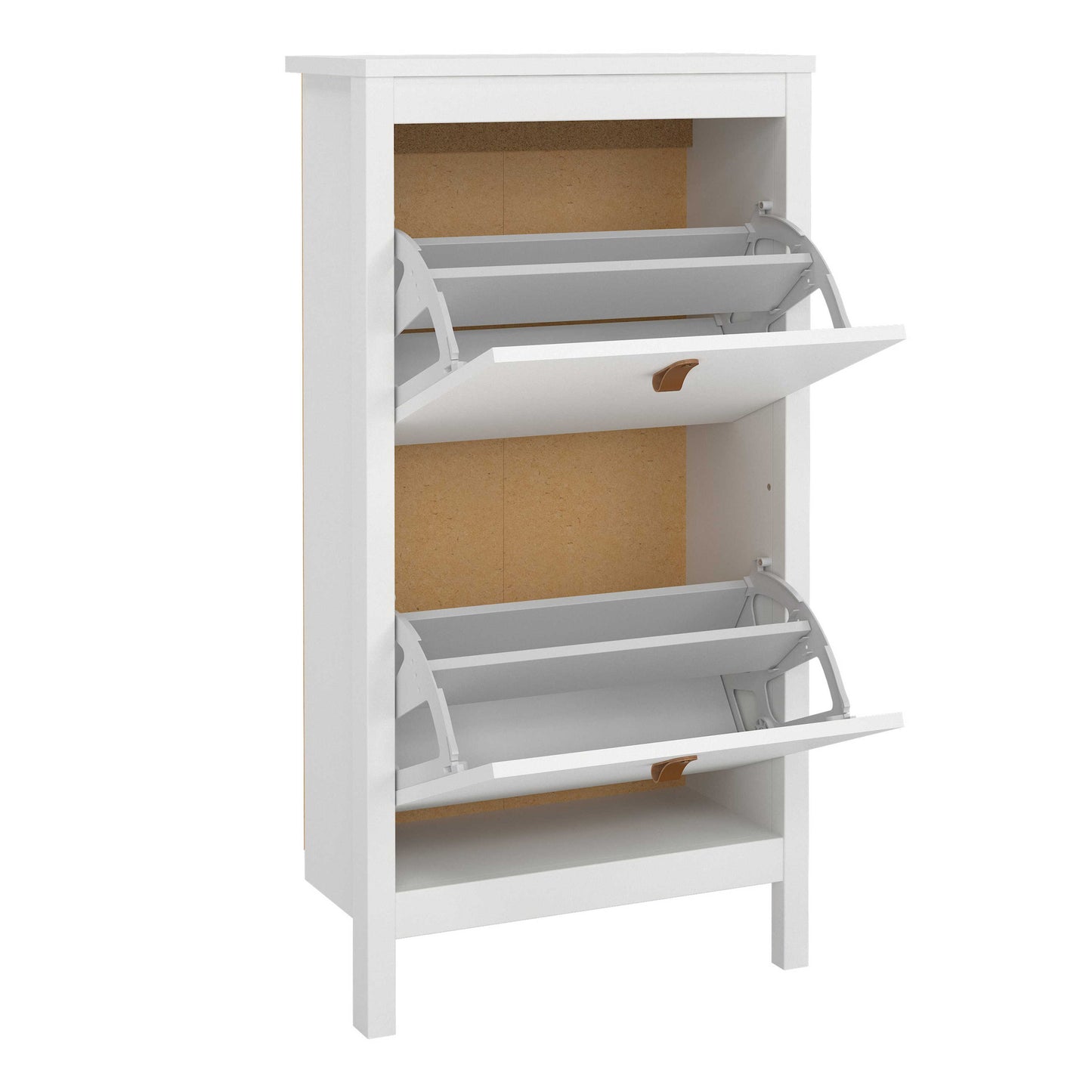 Wildberry Matt White Wooden Shoe Cabinet 2 Flip Down Doors Leather Handles