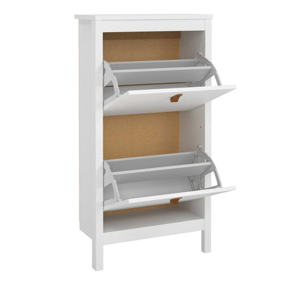Wildberry Matt White Wooden Shoe Cabinet 2 Flip Down Doors Leather Handles