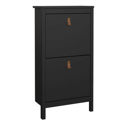 Wildberry Matt Black Wooden Shoe Cabinet 2 Flip Down Doors Leather Handles
