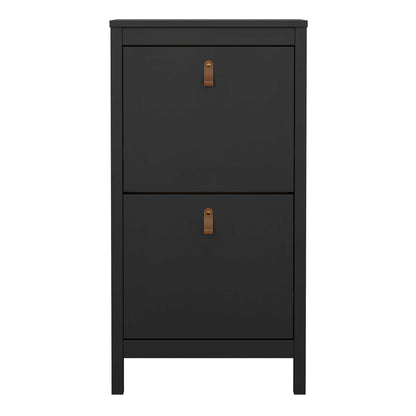 Wildberry Matt Black Wooden Shoe Cabinet 2 Flip Down Doors Leather Handles