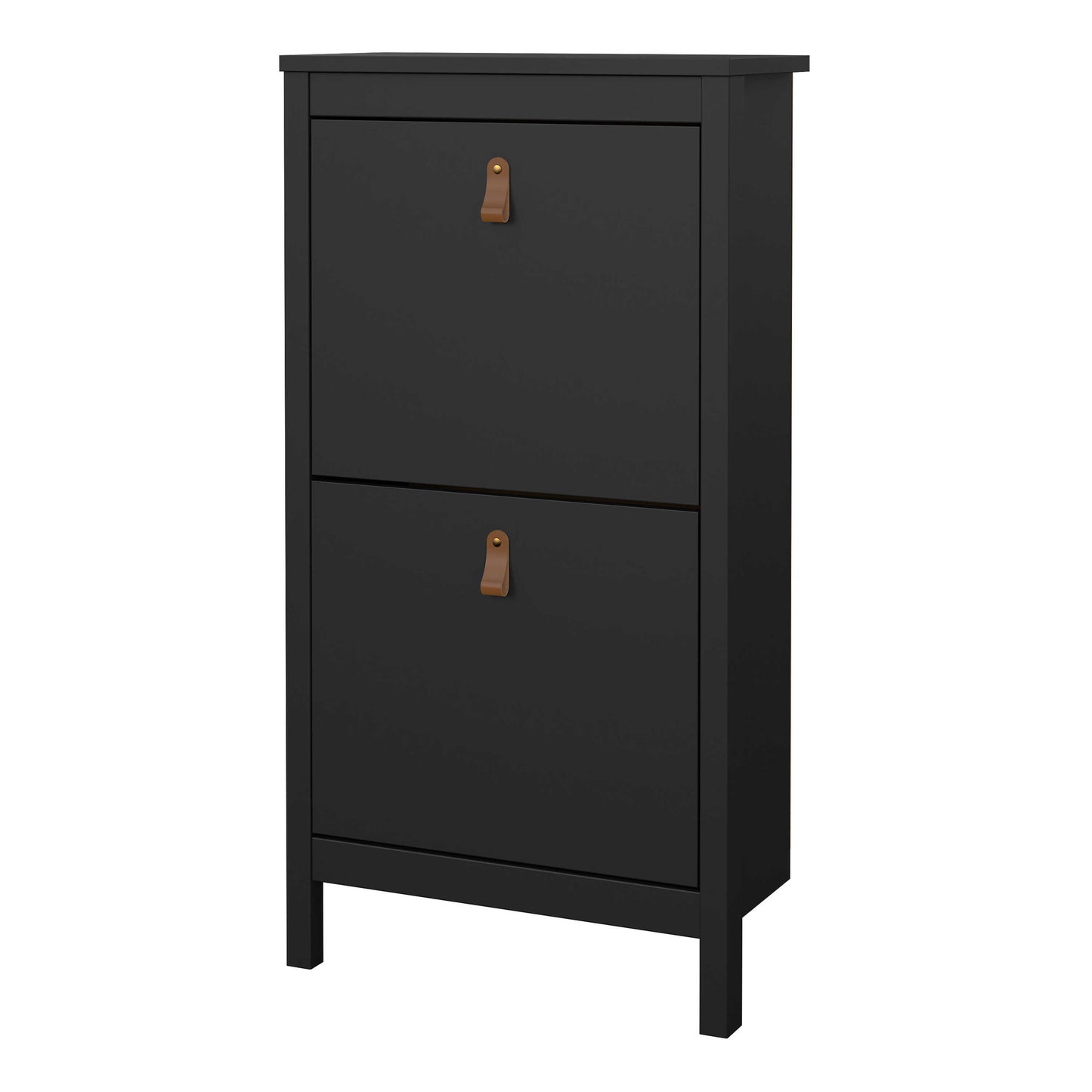Wildberry Matt Black Wooden Shoe Cabinet 2 Flip Down Doors Leather Handles
