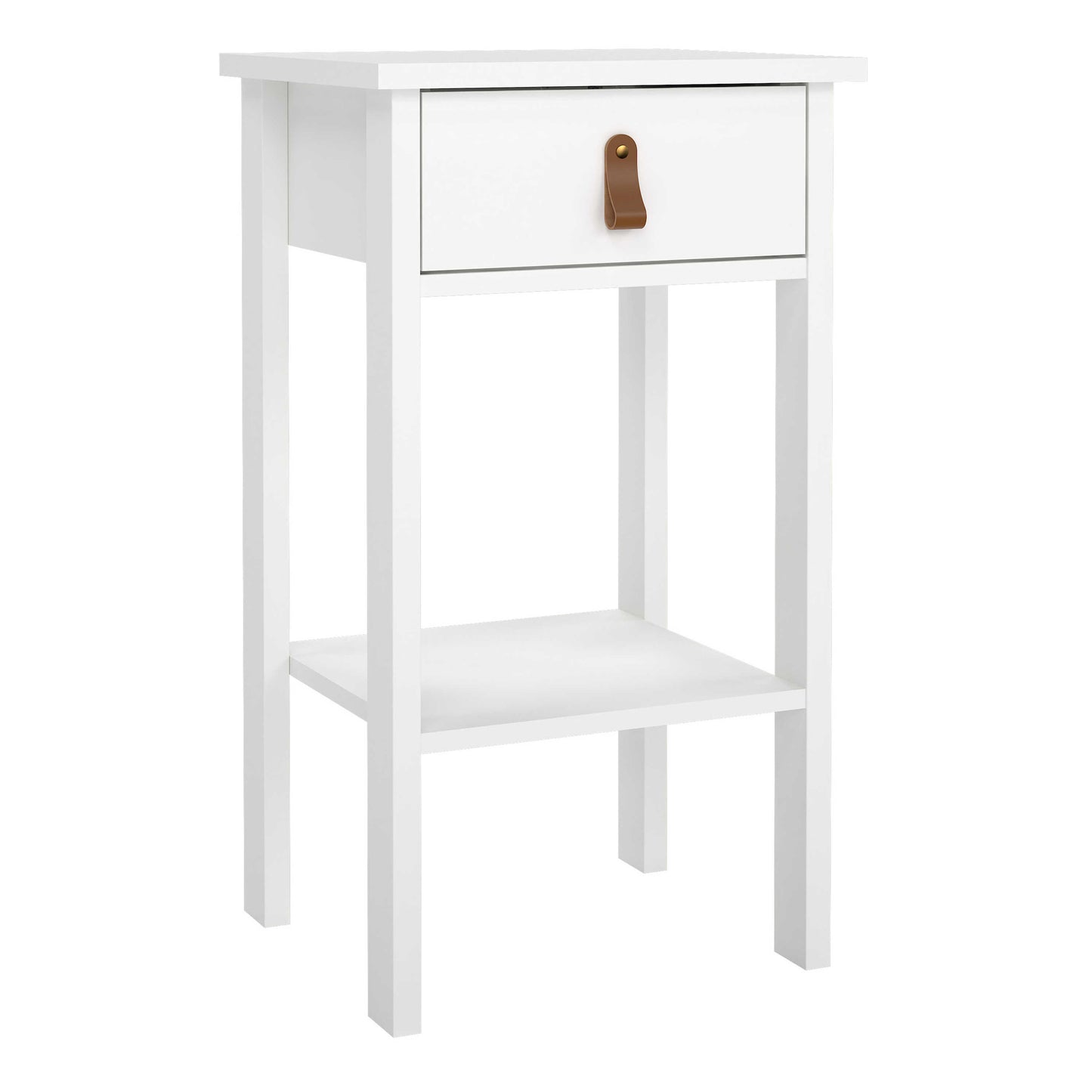 Wildberry Matt White Wooden Bedside Table with 1 Drawer Bottom Shelf Leather Handles
