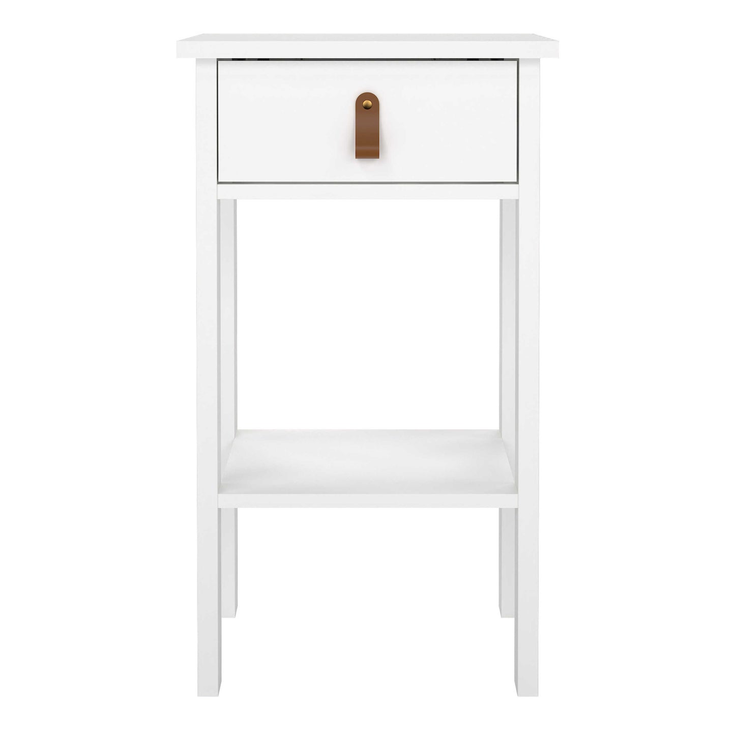Wildberry Matt White Wooden Bedside Table with 1 Drawer Bottom Shelf Leather Handles