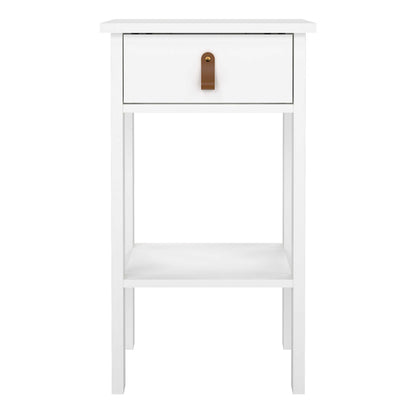 Wildberry Matt White Wooden Bedside Table with 1 Drawer Bottom Shelf Leather Handles