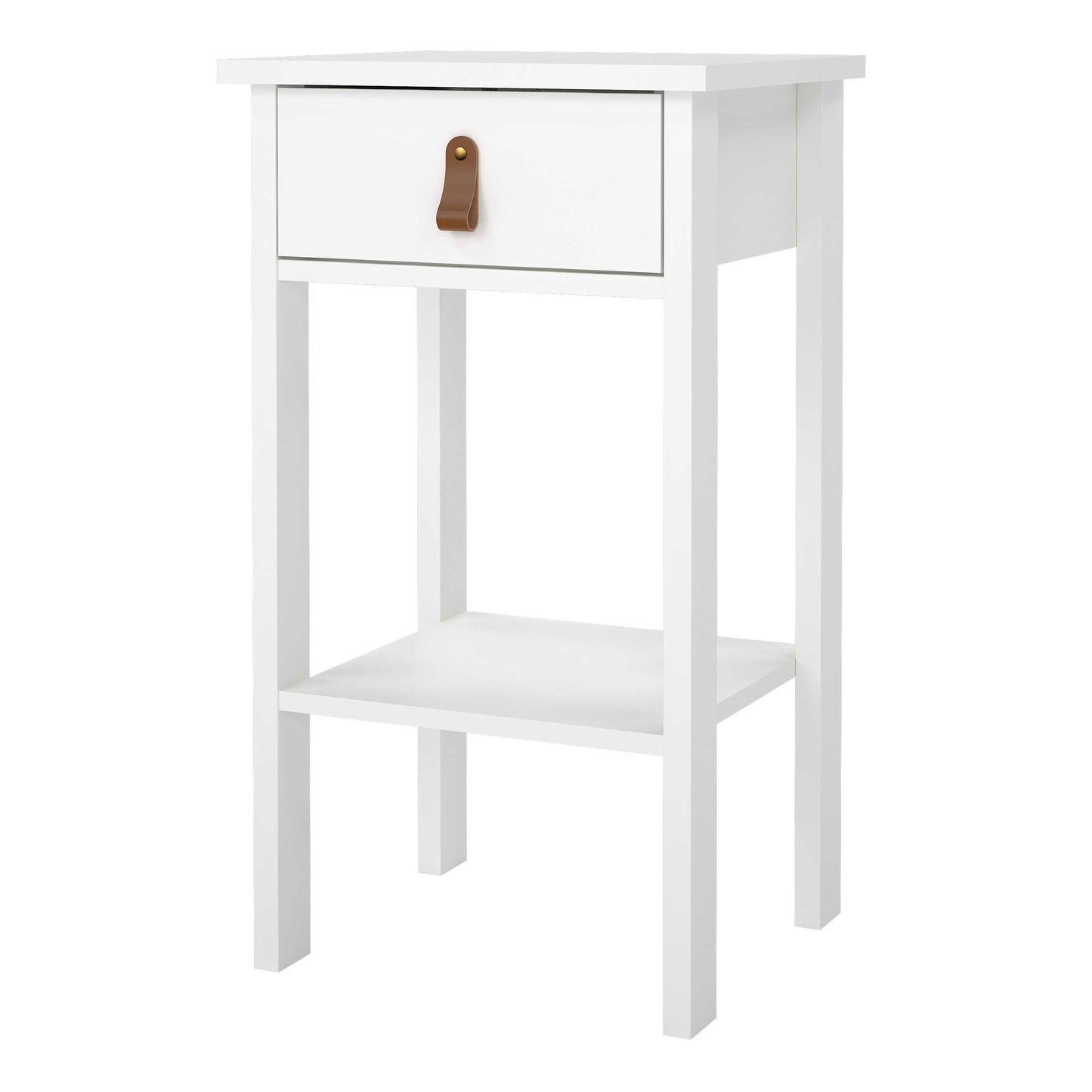 Wildberry Matt White Wooden Bedside Table with 1 Drawer Bottom Shelf Leather Handles