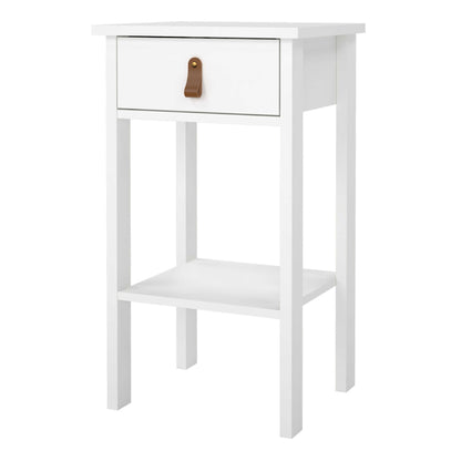 Wildberry Matt White Wooden Bedside Table with 1 Drawer Bottom Shelf Leather Handles