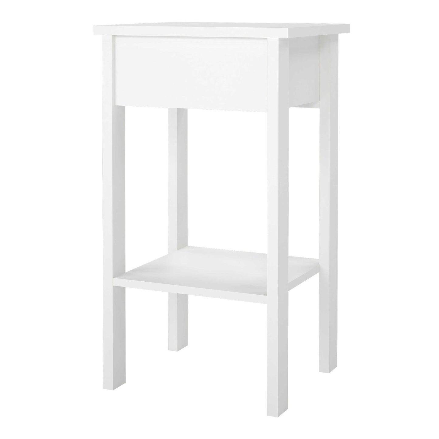 Wildberry Matt White Wooden Bedside Table with 1 Drawer Bottom Shelf Leather Handles