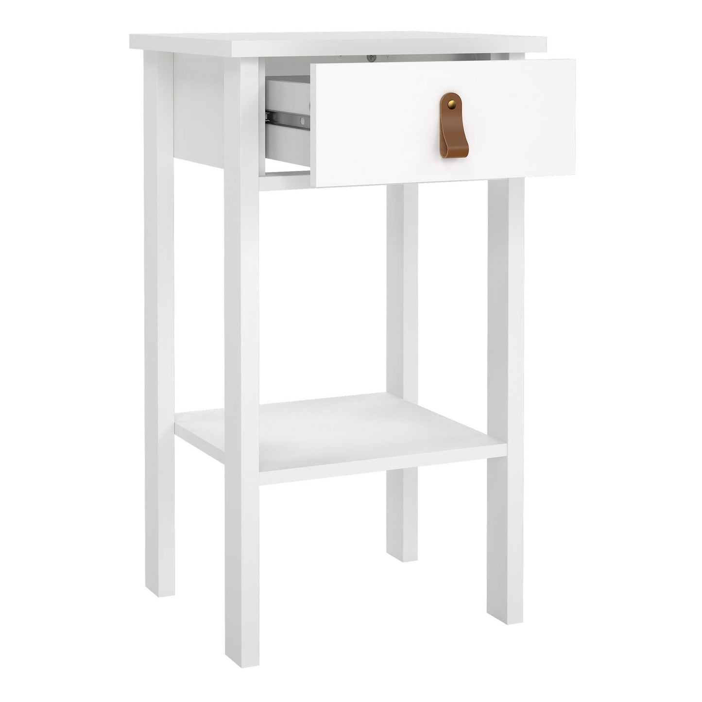 Wildberry Matt White Wooden Bedside Table with 1 Drawer Bottom Shelf Leather Handles