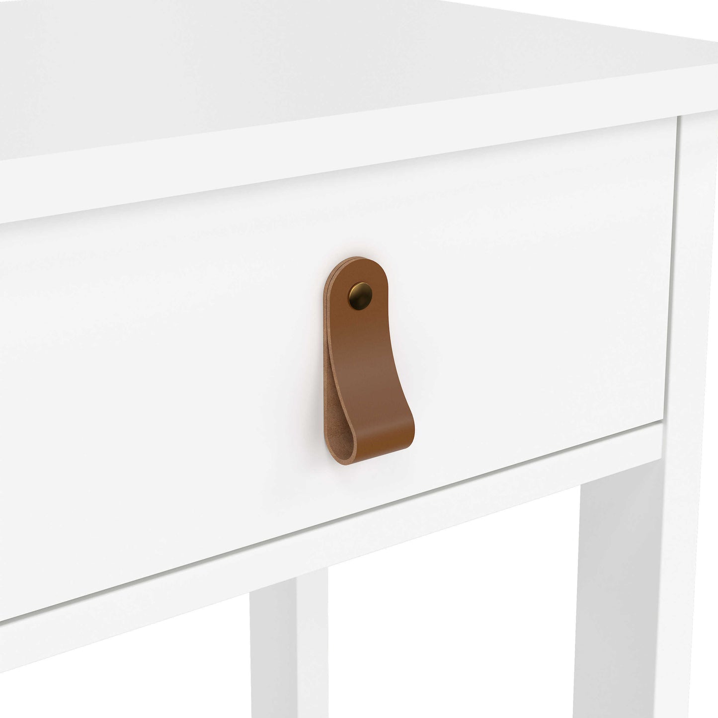 Wildberry Matt White Wooden Bedside Table with 1 Drawer Bottom Shelf Leather Handles
